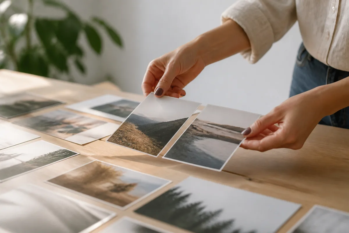Tirages photo triés à la main sur une table claire après une séance
