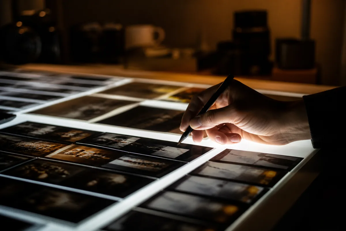 Épreuves photo posées sur une table lumineuse dans un atelier