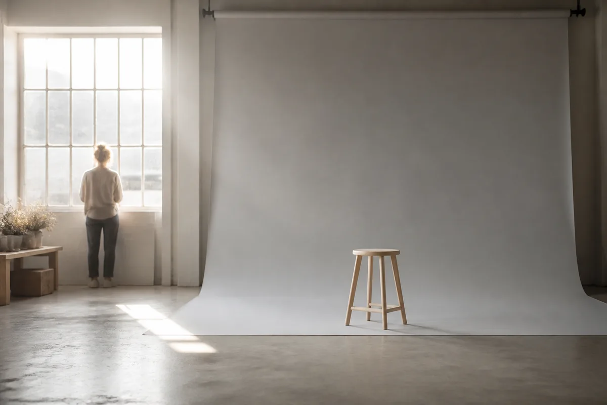 Studio photo vide avec fond neutre et lumière de fenêtre