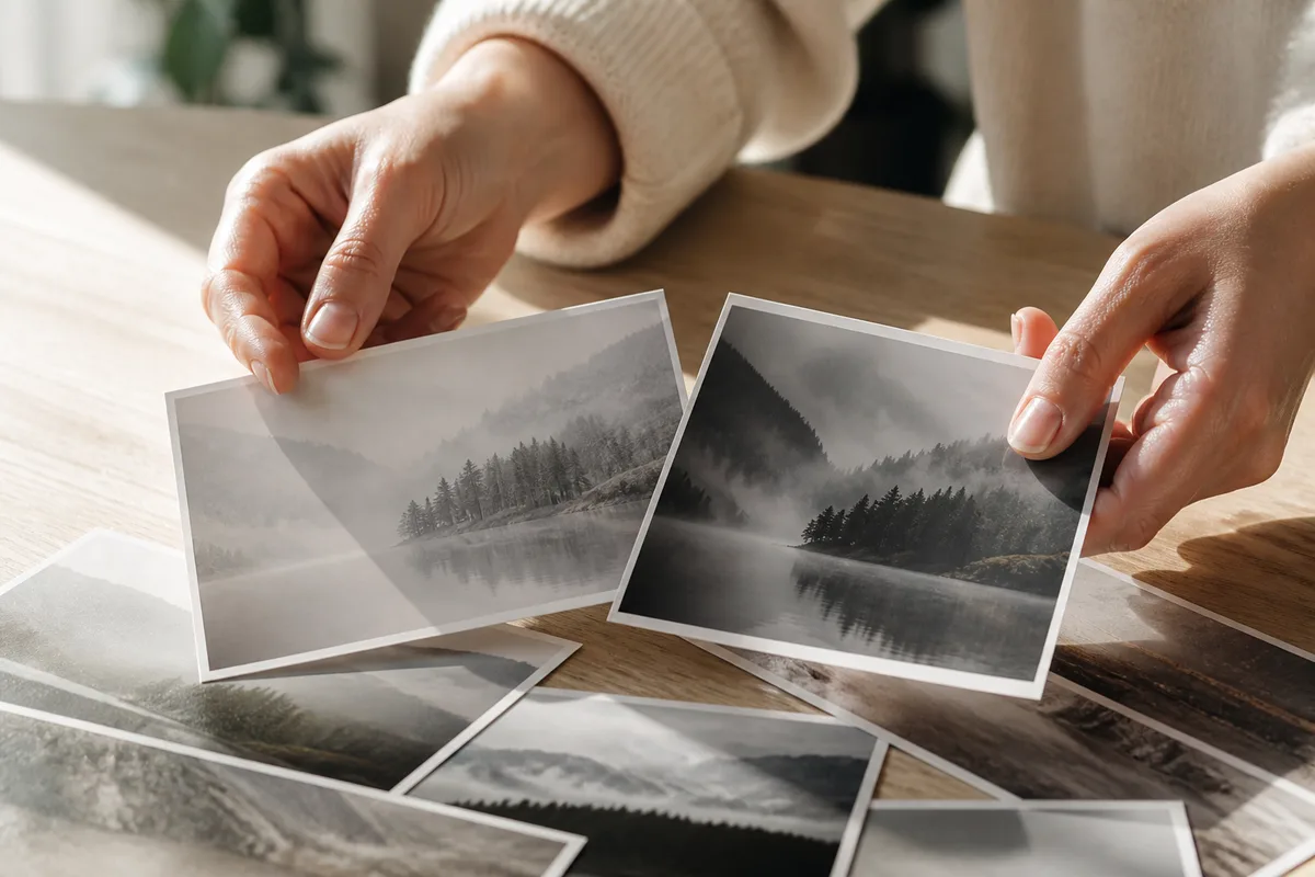 Mains d&rsquo;une photographe comparant des tirages sur une table claire