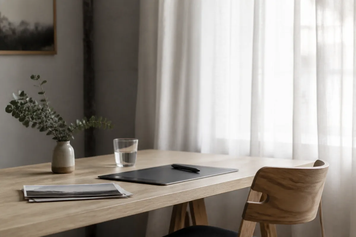 Plan de travail éclairé par une fenêtre avec tirages photo et tablette graphique