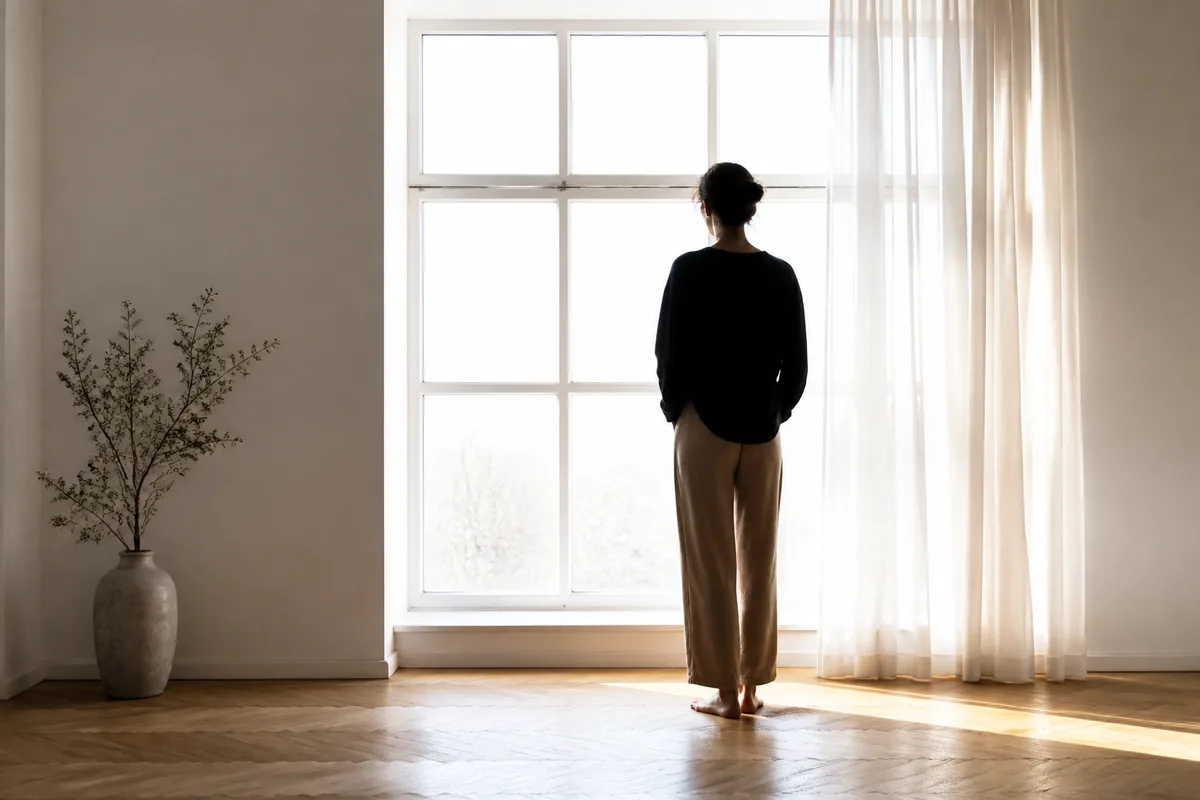 Sujet cadré à contre-jour devant une grande fenêtre, silhouette découpée sur la clarté